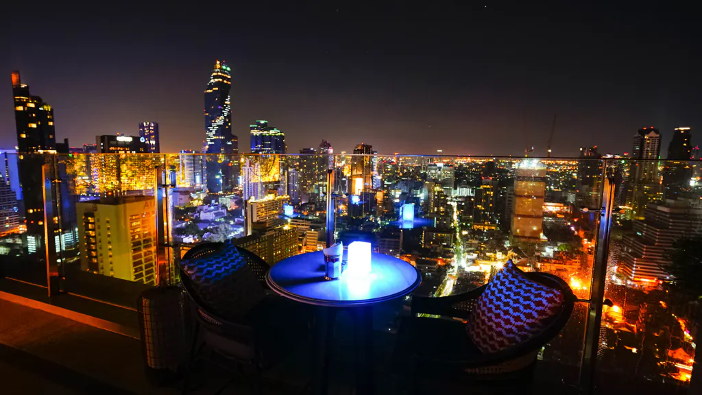 Upscale rooftop lounge in Houston at dusk