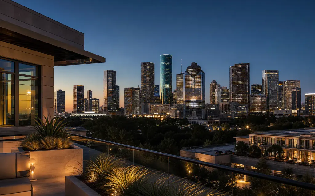 Downtown Houston skyline at blue hour