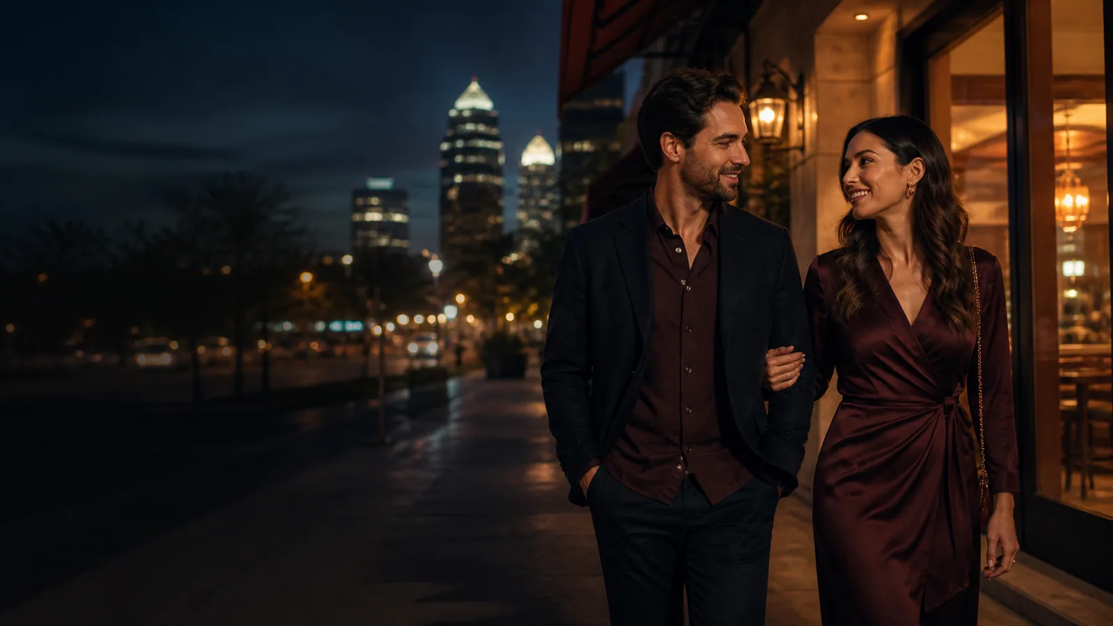 A couple enjoying an evening out near LaCenterra at Cinco Ranch
