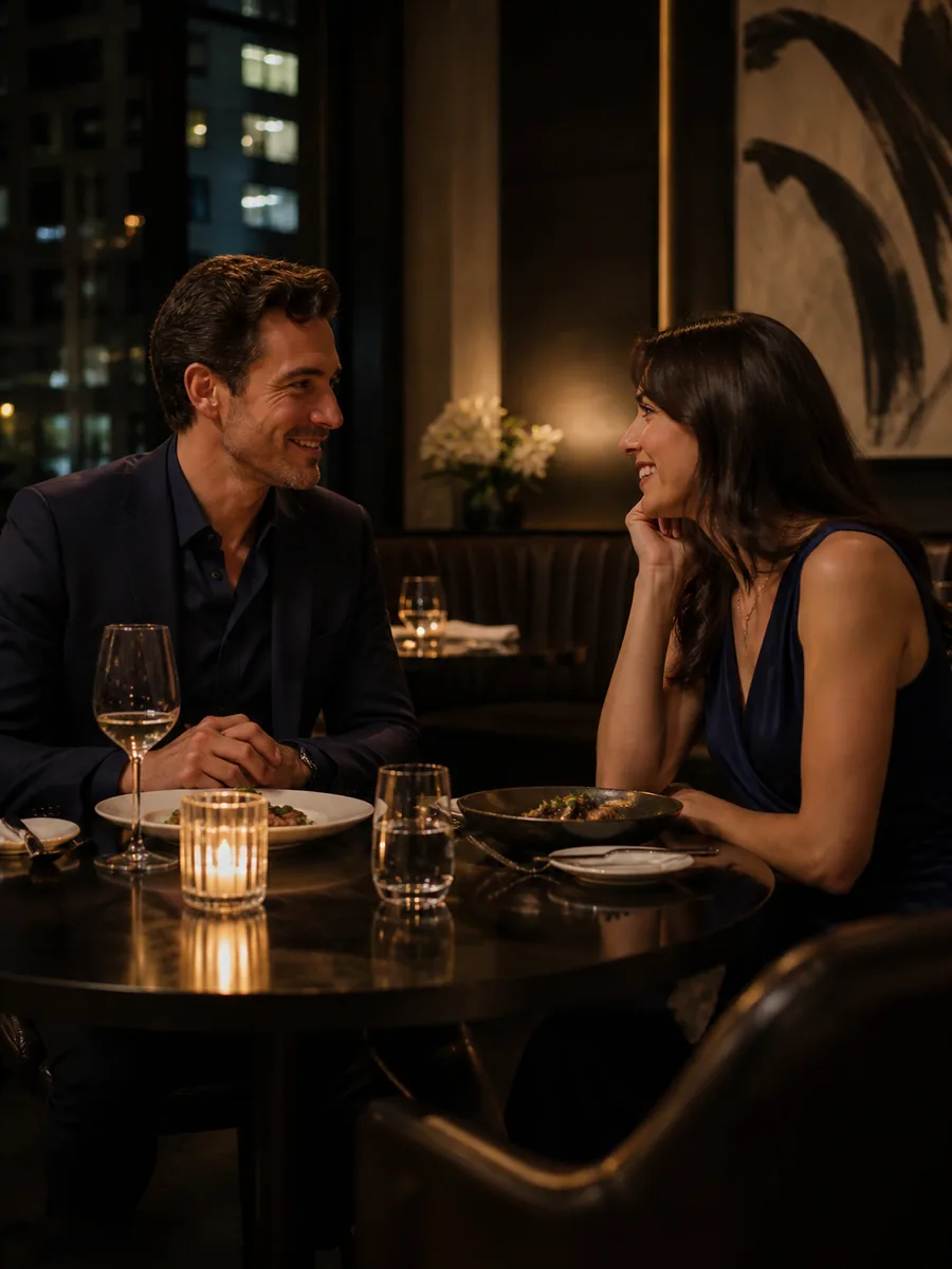 Elegant couple enjoying a relaxed dinner conversation