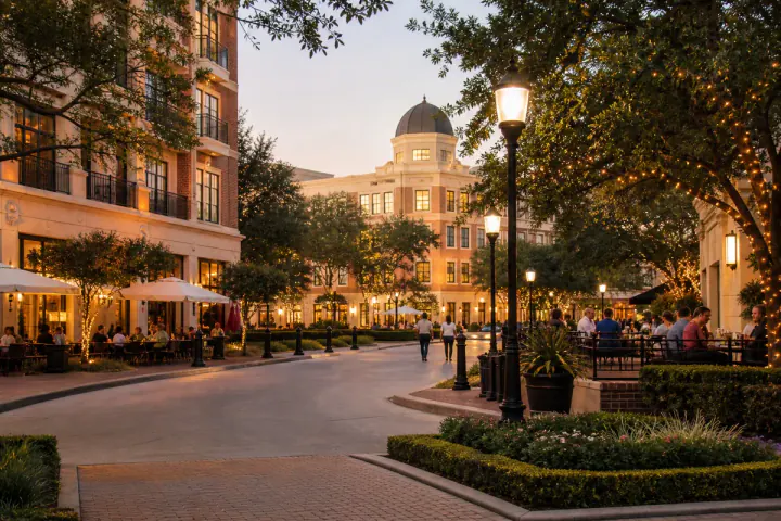 Evening dining scene in a Sugar Land town square